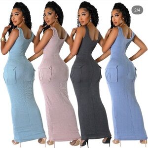 Set of 3-Bright Ribbed Knit Tank Maxi Dress - Mustard Yellow, Orange, Red